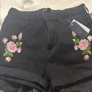 Guess Black Jean Shorts with Pink Floral Embroidery